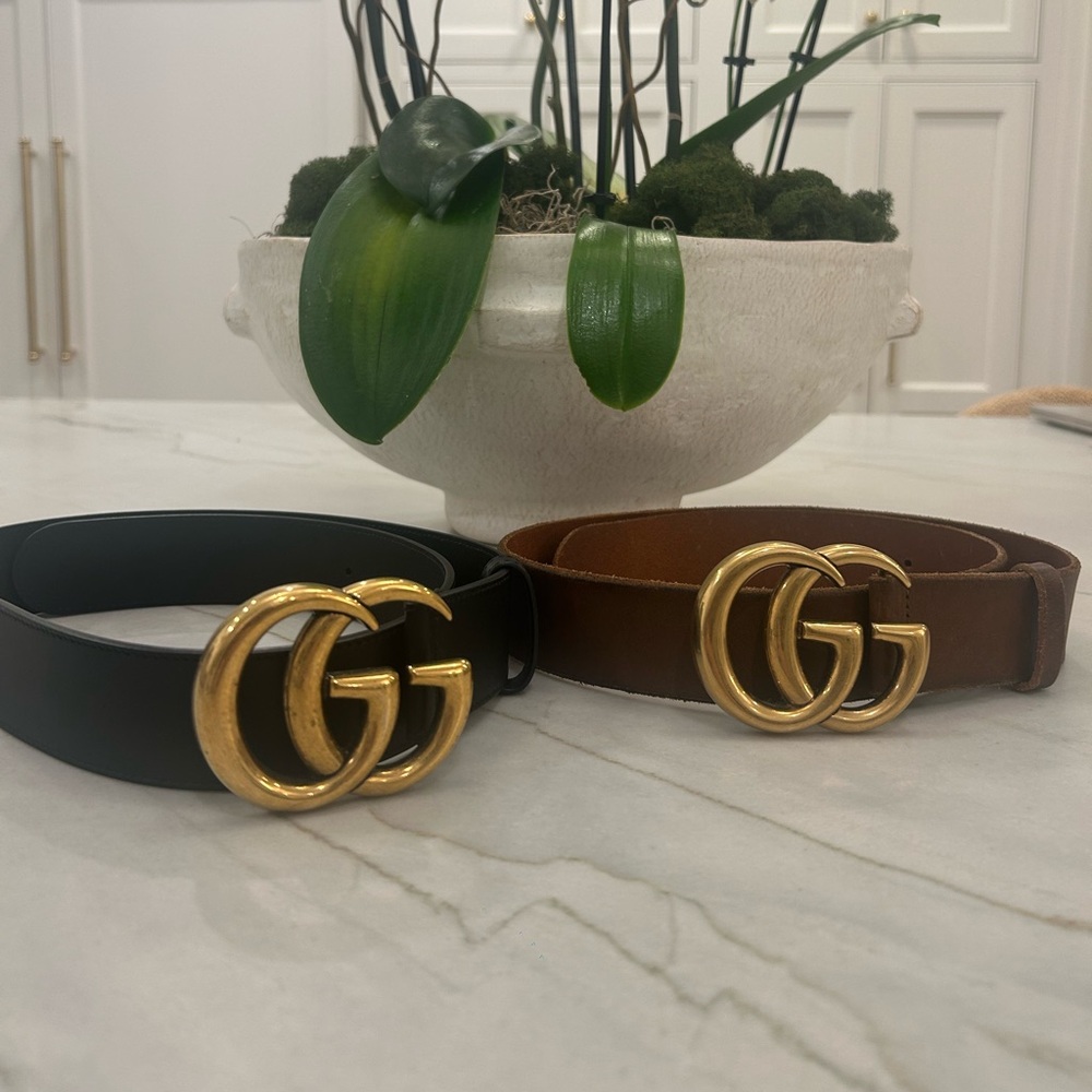2 Authentic Gucci Women's Black and Brown Belts with Gold GG Buckle